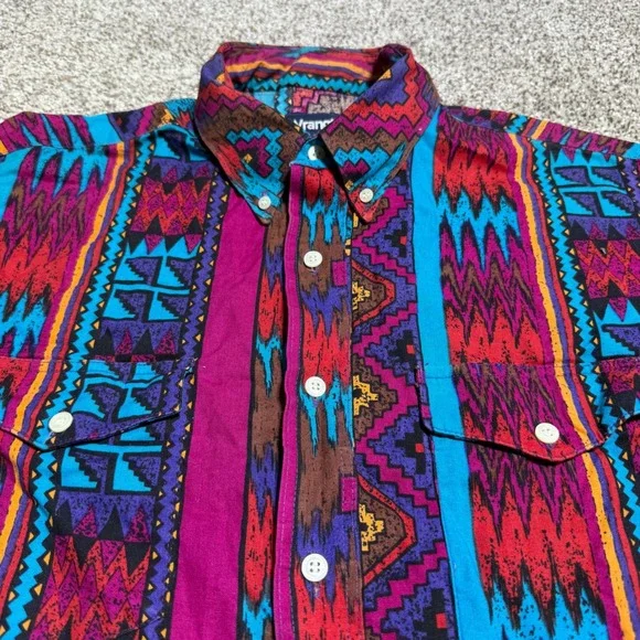 VTG Wrangler Men L 16x34 Western Brushpopper Shirt Long Sleeve Aztec Loud Cowboy - Picture 6 of 12